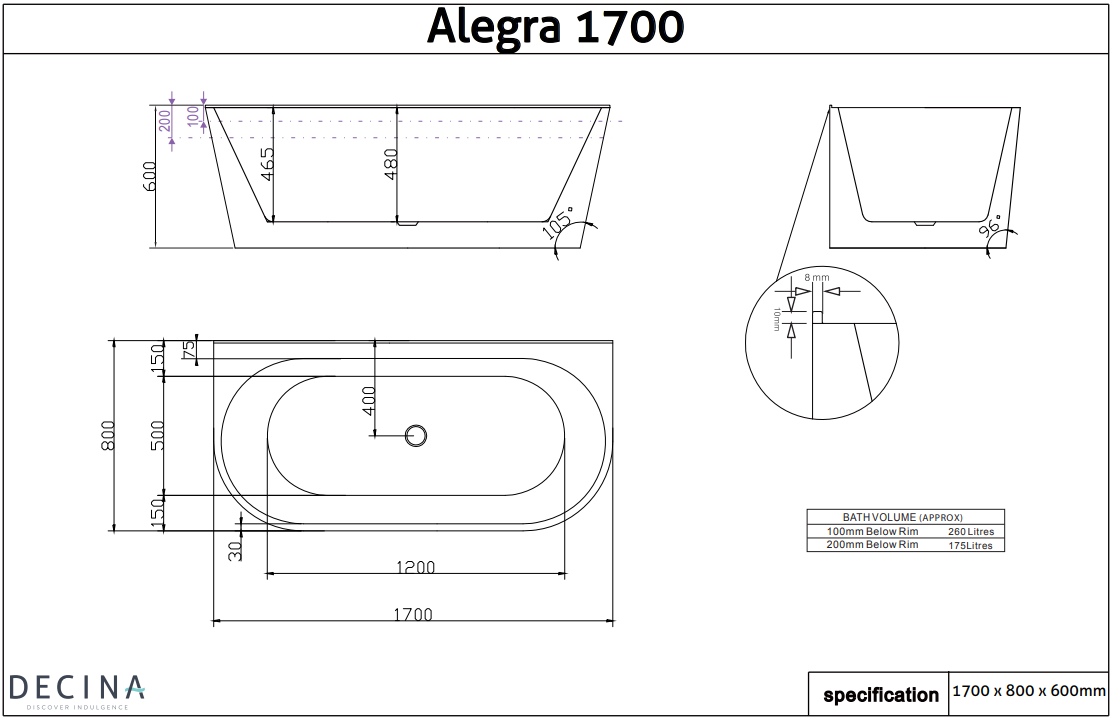 ALEGRA 1700 Back-to-Wall Freestanding Bath - BLACK
