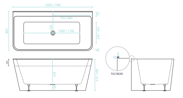 ARIA 1500 Back-to-Wall Slimline Freestanding Bath