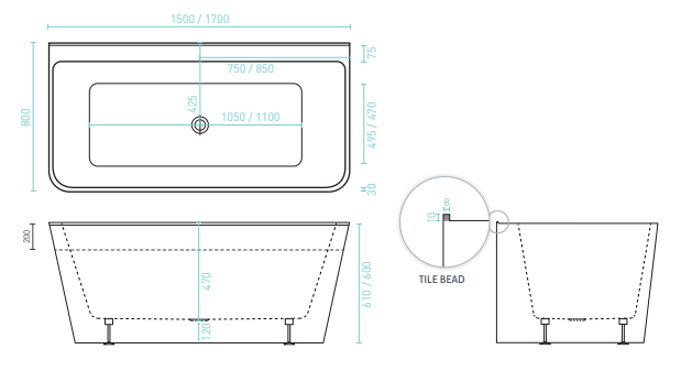 ARIA 1700 Back-to-Wall Slimline Freestanding Bath