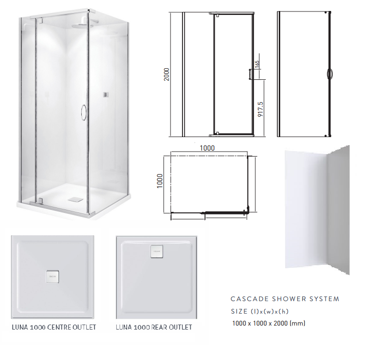 CASCADE Semi-Frameless Shower System SQ 1000 x 1000 x 2000H mm