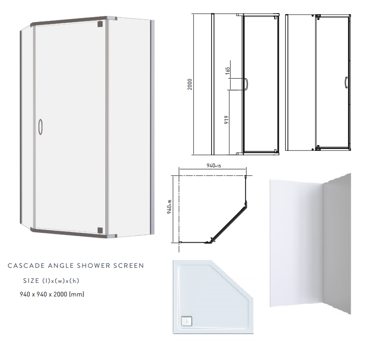 CASCADE Semi-Frameless Shower System ANGLED 1000 x 1000 x 2000H mm