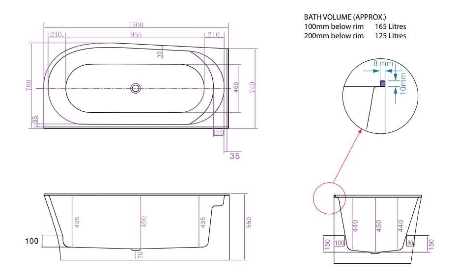 Natalia 1500 Back-to-Wall CORNER Freestanding Bath