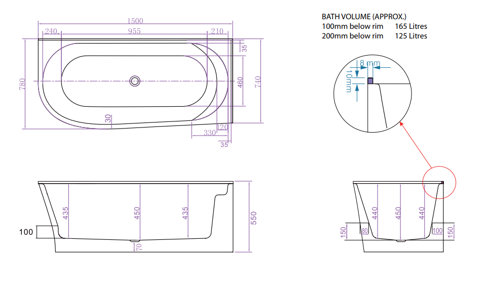 Natalia 1500 Back-to-Wall CORNER Freestanding Bath