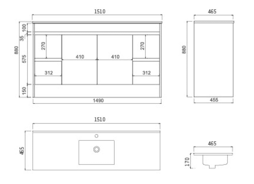 1500 OAK Vanity, Kickboard, Slimline SINGLE Ceramic top