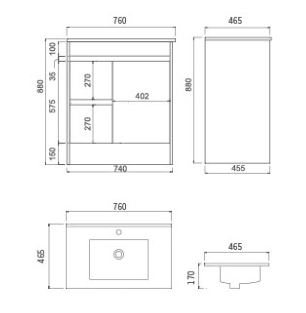 750 OAK Vanity, Kickboard, Slimline Ceramic top