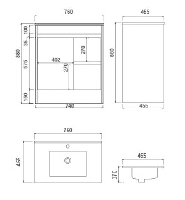 750 OAK Vanity, Kickboard, Slimline Ceramic top