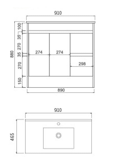 900 OAK Vanity, Kickboard, Slimline Ceramic top