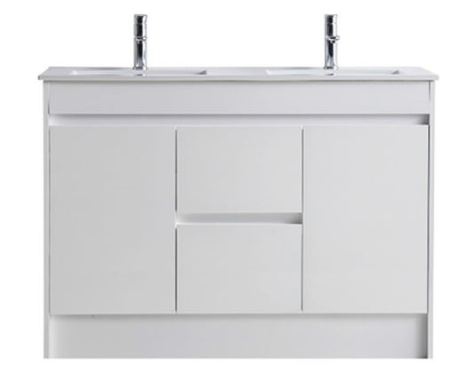 1200 PVC Waterproof Vanity, White Gloss, Slimline Double Ceramic top