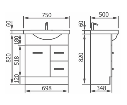 750 Semi-Recessed Vanity, Moulded Ceramic top, Kickboard