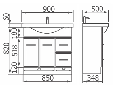 900 Semi-recessed Vanity, Moulded Ceramic top, Kickboard