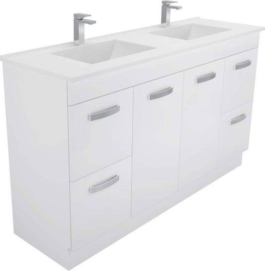 1500 Kickboard Vanity, Double Bowl White Cast Marble Slim Top