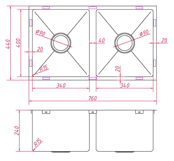 Double Bowl Square Undermount 760mm Stainless Steel