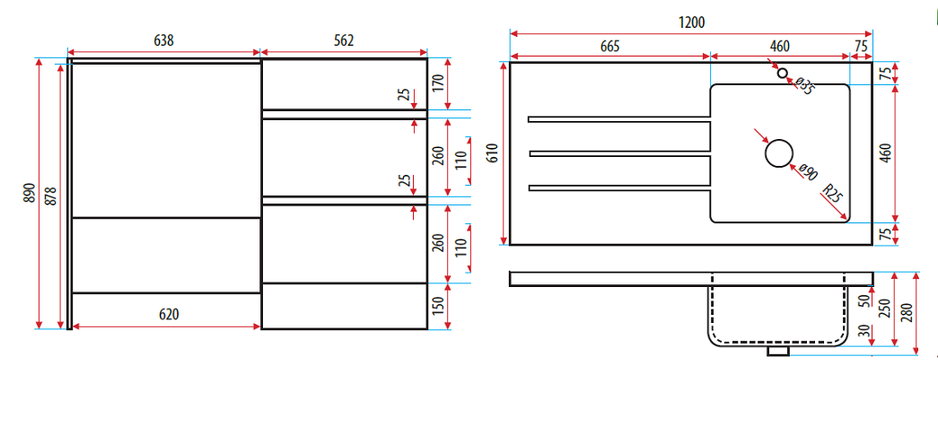 Laundry Unit 1200W x 600D mm, Oak Laminate Cabinet, Bench & Tub