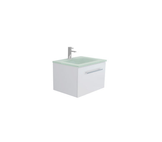 600 SINGLE DRAWER, Wall Hung Vanity, Tempered Glass Sea Ice Top